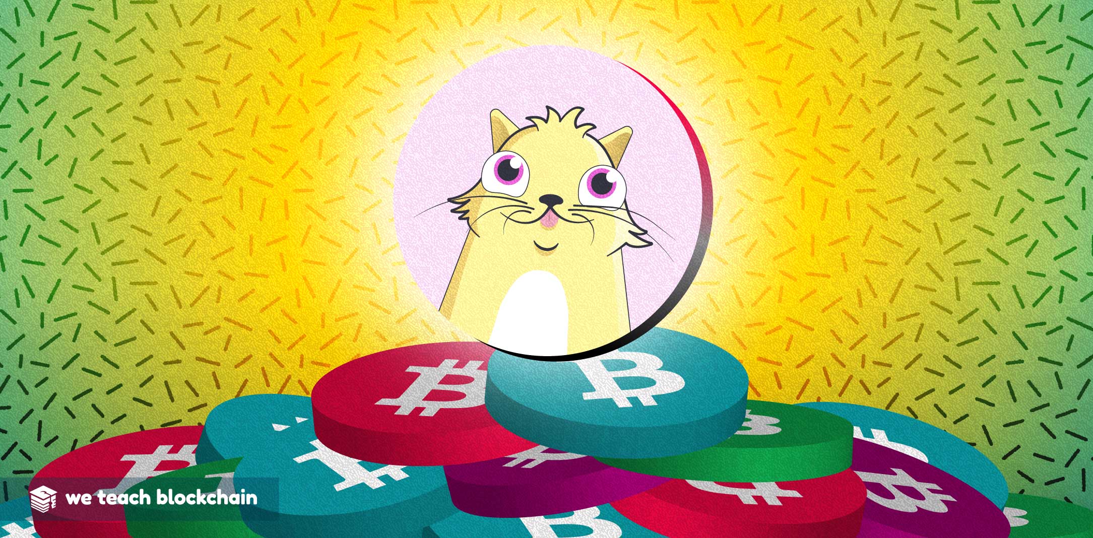 Cryptokitties logo over a pile of colored coins